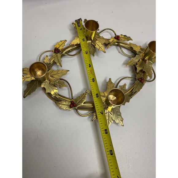 Vintage Oval Brass Holly Berries 4 Candlestick Holder 1970s - Picture 9 of 10